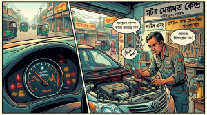 Comic illustration of fuel meter problem and mechanic