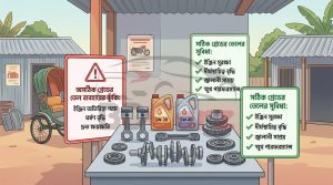 Engine with 5W-30 and 5W-40 oil bottles illustration