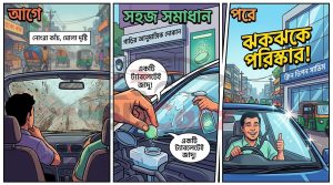 Comic style car windshield cleaning process illustration