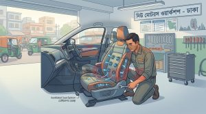 Car seat installation with ventilation system inside workshop