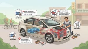Hand-drawn sketch of hybrid car battery maintenance